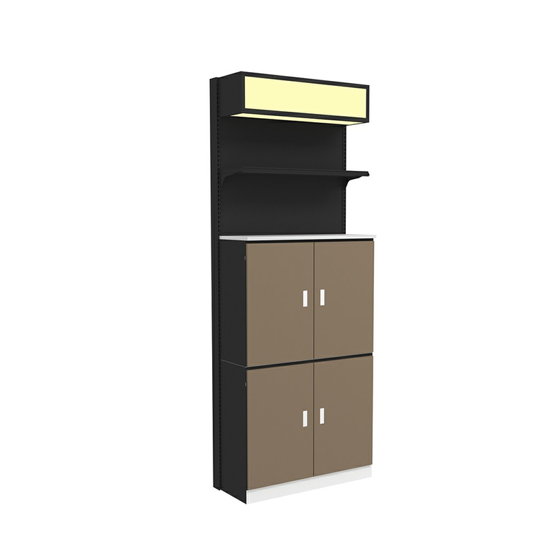 Étagère de supermarché avec armoire en bois et boîte à lumière LED