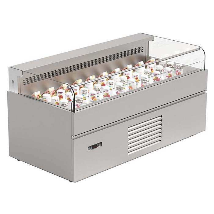 Refrigéré économe en énergie servez sur un comptoir avec une porte en verre incurvée