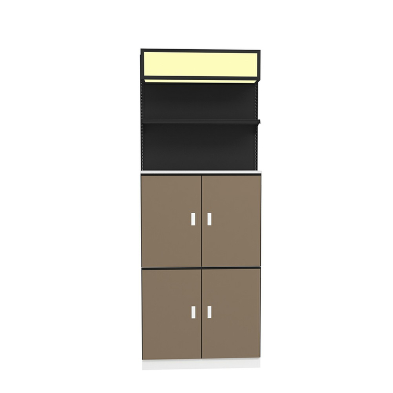 Étagère de supermarché avec armoire en bois et boîte à lumière LED
