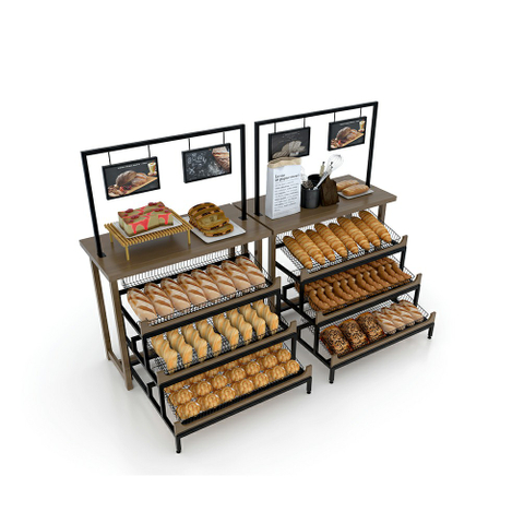 Étagère d'affichage de boulangerie en bois
