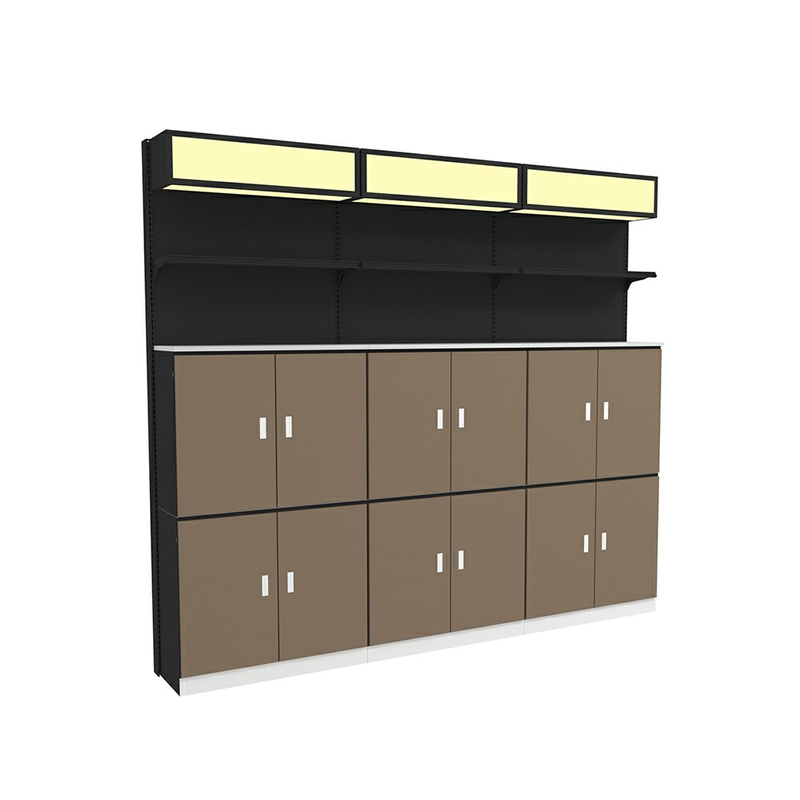 Étagère de supermarché avec armoire en bois et boîte à lumière LED
