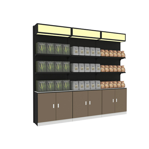 Étagère de supermarché avec armoire en bois et boîte à lumière LED