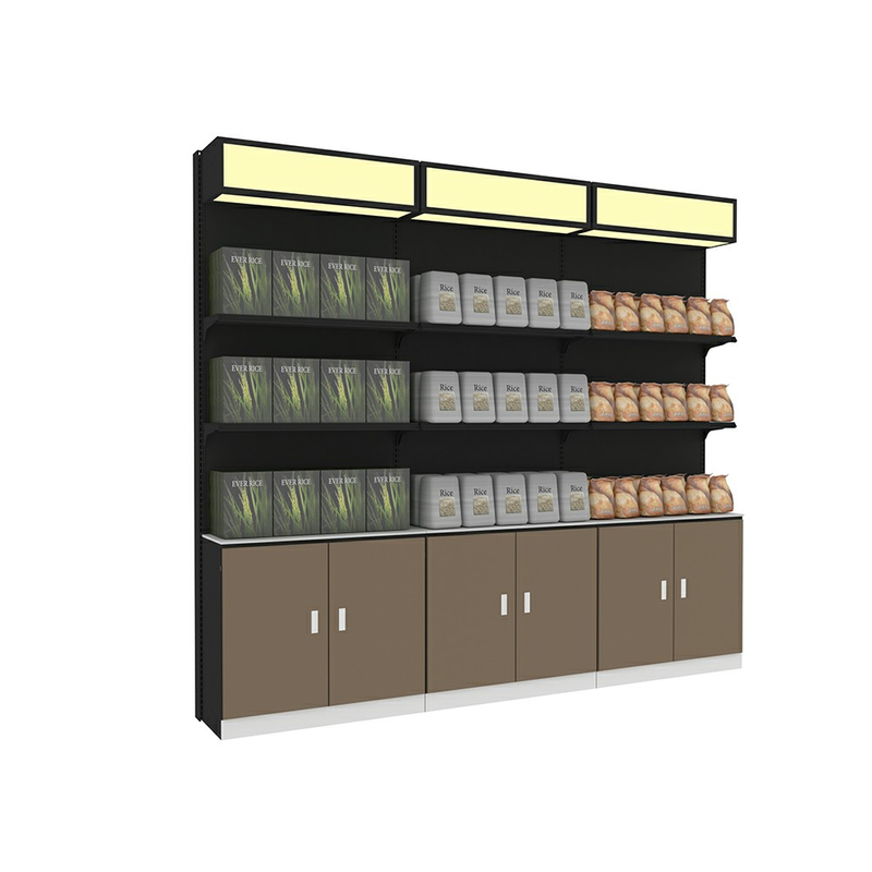 Étagère de supermarché avec armoire en bois et boîte à lumière LED