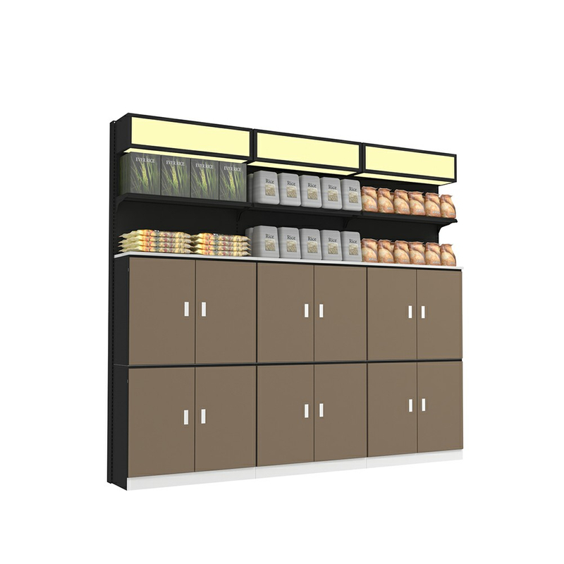 Étagère de supermarché avec armoire en bois et boîte à lumière LED